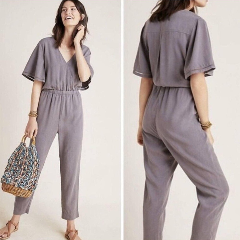 Anthropologie Cloth & Stone Gulpiyuri Jumpsuit Size L Large Chambray Gray EUC